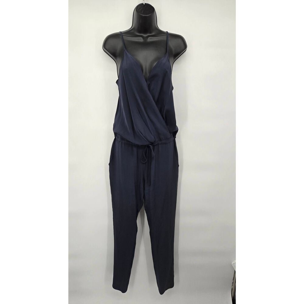 Rory Becca 100% Silk Jumpsuit Size Small Navy Blue Spaghetti Strap V-Neck